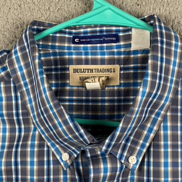 Duluth Trading Wrinkle Free Button Shirt Men's 2XL Blue Plaid Magnaready - Picture 5 of 11